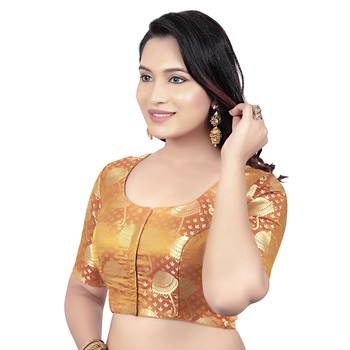 Brocade Mustard Umbrella Design Half Sleeves Princess Cut Padded Readymade Saree Blouse 3