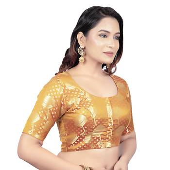 Brocade Mustard Umbrella Design Half Sleeves Princess Cut Padded Readymade Saree Blouse 4