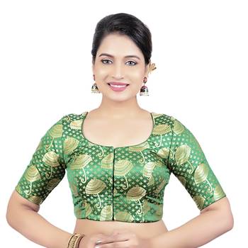 Brocade Green Umbrella Design Half Sleeves Princess Cut Padded Readymade Saree Blouse 1