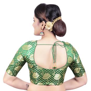 Brocade Green Umbrella Design Half Sleeves Princess Cut Padded Readymade Saree Blouse 2