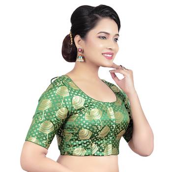 Brocade Green Umbrella Design Half Sleeves Princess Cut Padded Readymade Saree Blouse 4