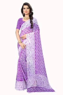 Purple printed chiffon saree with blouse 1