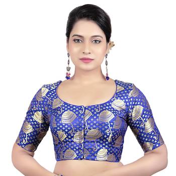Brocade Red Umbrella Design Half Sleeves Princess Cut Padded Readymade Saree Blouse 1