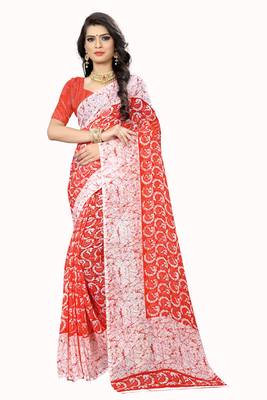 Red printed chiffon saree with blouse 1