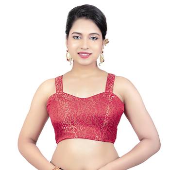 Brocade Red Paghetti Strap Princess Cut Padded Sleeveless Readymade Saree Blouse 1