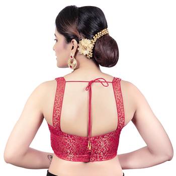 Brocade Red Paghetti Strap Princess Cut Padded Sleeveless Readymade Saree Blouse 2