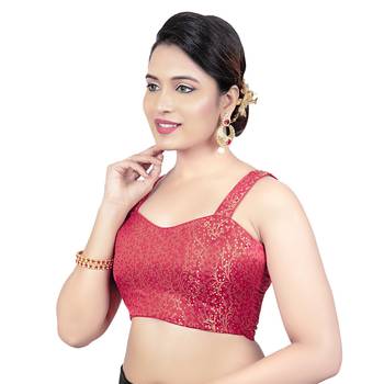 Brocade Red Paghetti Strap Princess Cut Padded Sleeveless Readymade Saree Blouse 3
