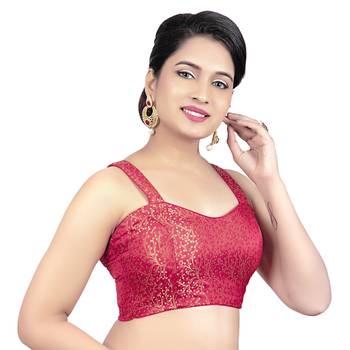 Brocade Red Paghetti Strap Princess Cut Padded Sleeveless Readymade Saree Blouse 4