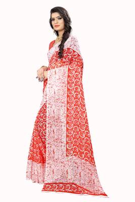 Red printed chiffon saree with blouse 2