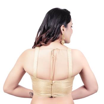 Brocade Gold Paghetti Strap Princess Cut Padded Sleeveless Readymade Saree Blouse 2