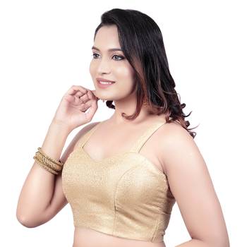 Brocade Gold Paghetti Strap Princess Cut Padded Sleeveless Readymade Saree Blouse 3