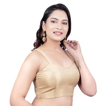 Brocade Gold Paghetti Strap Princess Cut Padded Sleeveless Readymade Saree Blouse 4