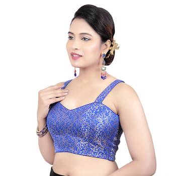 Brocade Gold Paghetti Strap Princess Cut Padded Sleeveless Readymade Saree Blouse 3