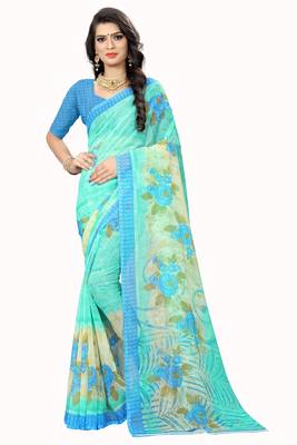 Turquoise printed chiffon saree with blouse 1