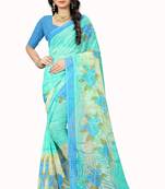 Turquoise printed chiffon saree with blouse