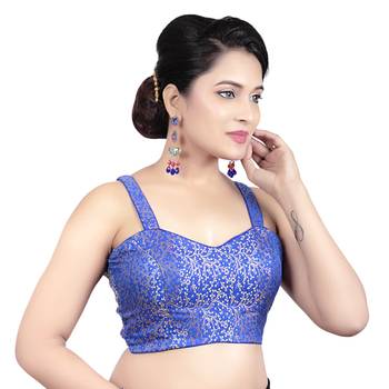 Brocade Gold Paghetti Strap Princess Cut Padded Sleeveless Readymade Saree Blouse 4
