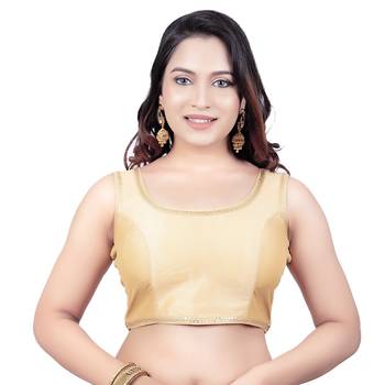 Gold Plain Raw Silk Stone Work Lace Princess Cut Padded Sleeveless Readymade Saree Blouse 1