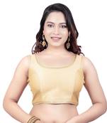 Gold Plain Raw Silk Stone Work Lace Princess Cut Padded Sleeveless Readymade Saree Blouse
