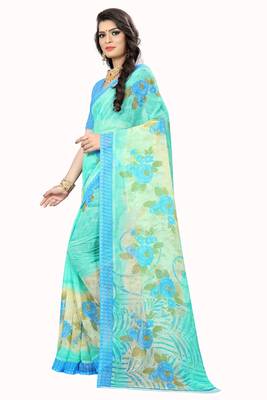 Turquoise printed chiffon saree with blouse 2