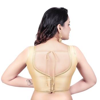 Gold Plain Raw Silk Stone Work Lace Princess Cut Padded Sleeveless Readymade Saree Blouse 2