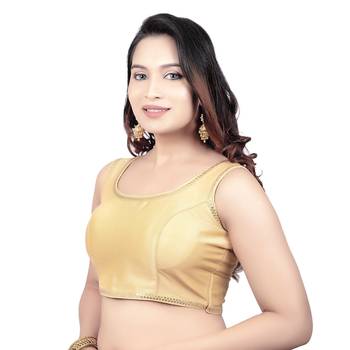 Gold Plain Raw Silk Stone Work Lace Princess Cut Padded Sleeveless Readymade Saree Blouse 3
