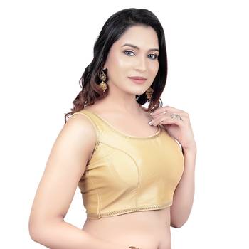 Gold Plain Raw Silk Stone Work Lace Princess Cut Padded Sleeveless Readymade Saree Blouse 4