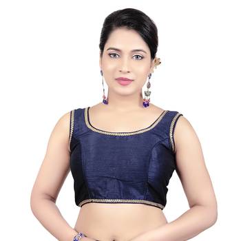 Navy Plain Raw Silk Stone Work Lace Princess Cut Padded Sleeveless Readymade Saree Blouse 1