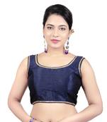 Navy Plain Raw Silk Stone Work Lace Princess Cut Padded Sleeveless Readymade Saree Blouse
