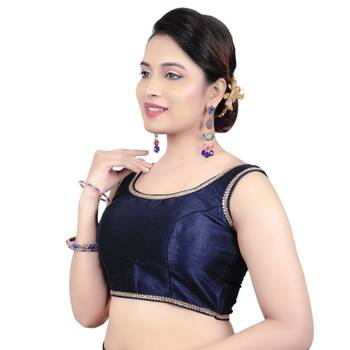 Navy Plain Raw Silk Stone Work Lace Princess Cut Padded Sleeveless Readymade Saree Blouse 3