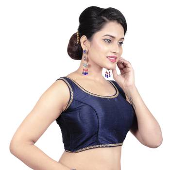 Navy Plain Raw Silk Stone Work Lace Princess Cut Padded Sleeveless Readymade Saree Blouse 4