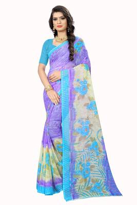 Purple printed chiffon saree with blouse 1