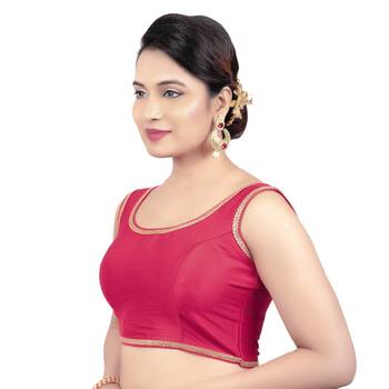 Red Plain Raw Silk Stone Work Lace Princess Cut Padded Sleeveless Readymade Saree Blouse 3
