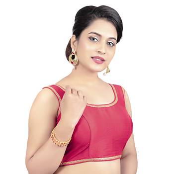 Red Plain Raw Silk Stone Work Lace Princess Cut Padded Sleeveless Readymade Saree Blouse 4