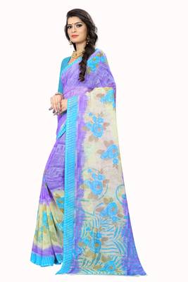 Purple printed chiffon saree with blouse 2