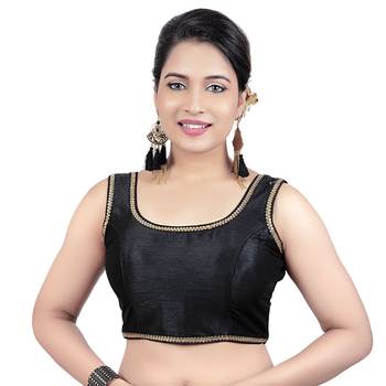 Gold Plain Raw Silk Stone Work Lace Princess Cut Padded Sleeveless Readymade Saree Blouse 1