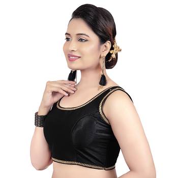 Gold Plain Raw Silk Stone Work Lace Princess Cut Padded Sleeveless Readymade Saree Blouse 3
