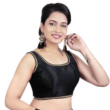 Gold Plain Raw Silk Stone Work Lace Princess Cut Padded Sleeveless Readymade Saree Blouse 4