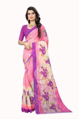 Pink printed chiffon saree with blouse 1