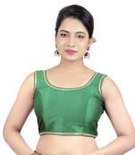 Navy Plain Raw Silk Stone Work Lace Princess Cut Padded Sleeveless Readymade Saree Blouse