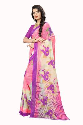 Pink printed chiffon saree with blouse 2