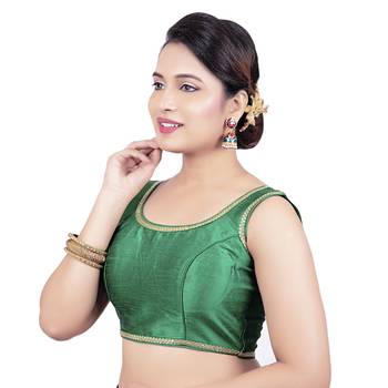 Navy Plain Raw Silk Stone Work Lace Princess Cut Padded Sleeveless Readymade Saree Blouse 3