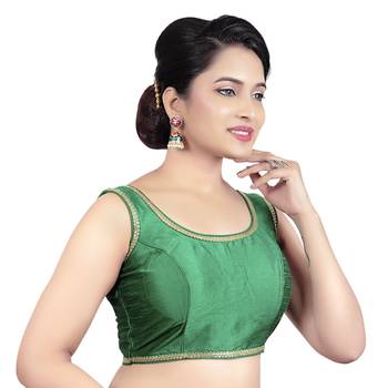 Navy Plain Raw Silk Stone Work Lace Princess Cut Padded Sleeveless Readymade Saree Blouse 4