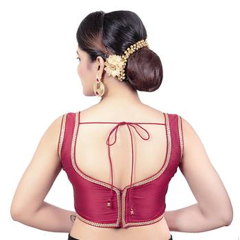 Red Plain Raw Silk Stone Work Lace Princess Cut Padded Sleeveless Readymade Saree Blouse 2