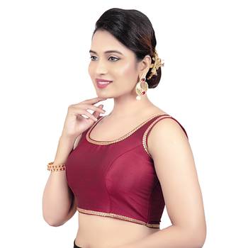 Red Plain Raw Silk Stone Work Lace Princess Cut Padded Sleeveless Readymade Saree Blouse 3
