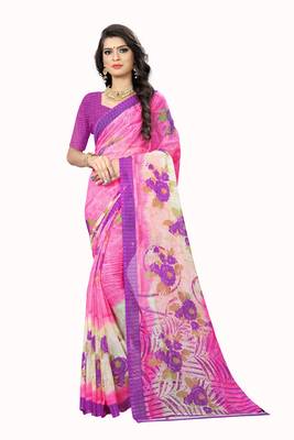 Pink printed chiffon saree with blouse 1