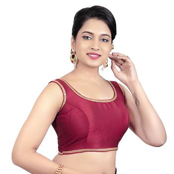 Red Plain Raw Silk Stone Work Lace Princess Cut Padded Sleeveless Readymade Saree Blouse 4