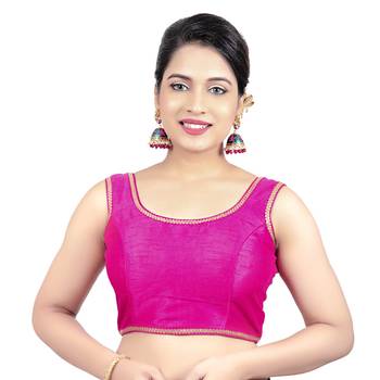 Red Plain Raw Silk Stone Work Lace Princess Cut Padded Sleeveless Readymade Saree Blouse 1
