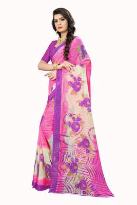 Pink printed chiffon saree with blouse 2