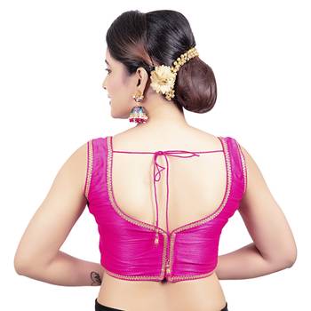 Red Plain Raw Silk Stone Work Lace Princess Cut Padded Sleeveless Readymade Saree Blouse 2