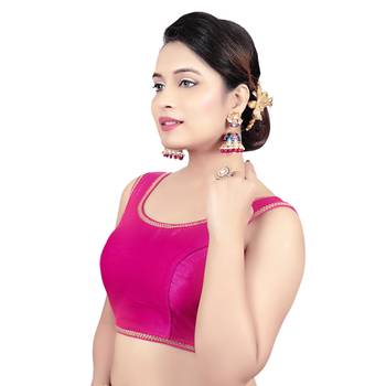 Red Plain Raw Silk Stone Work Lace Princess Cut Padded Sleeveless Readymade Saree Blouse 3
